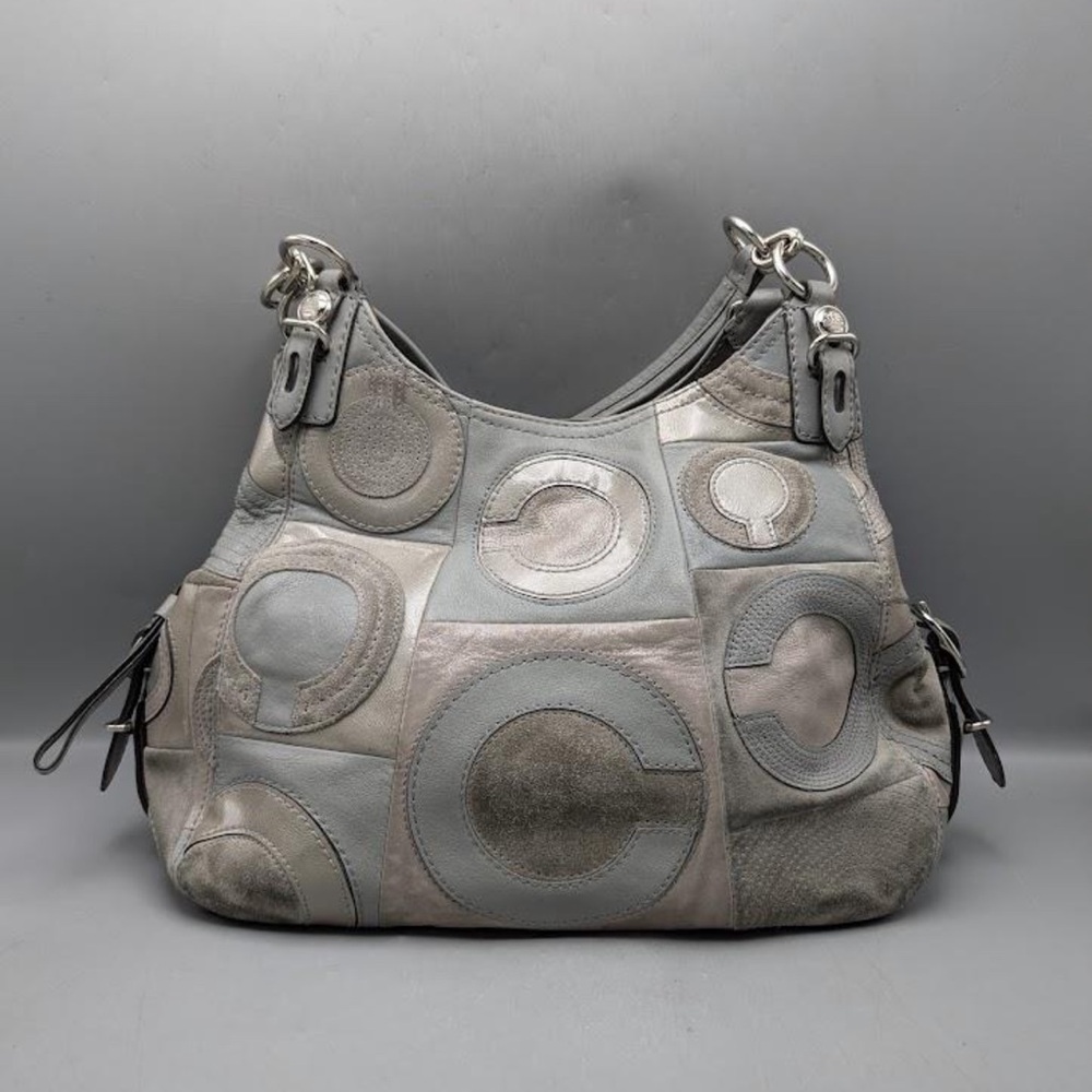 Coach Madison Mia Maggie 15770 Inlaid C Gray Silver Patchwork Leather Hobo Bag